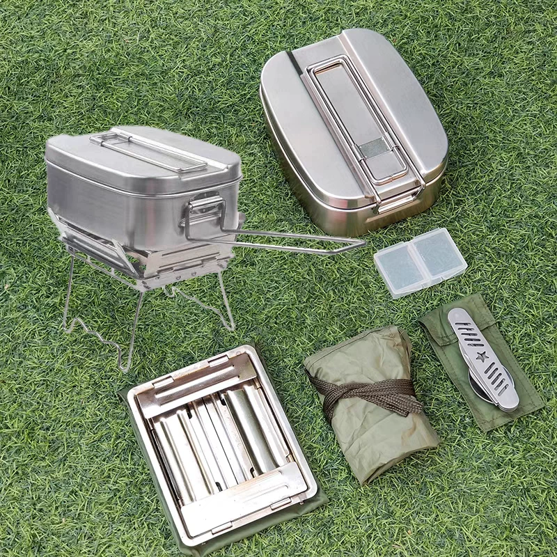 Folding Stove Lunch Box Steaming Rack Combo Set for Picnic Camping Hiking Fishing Mountaineering