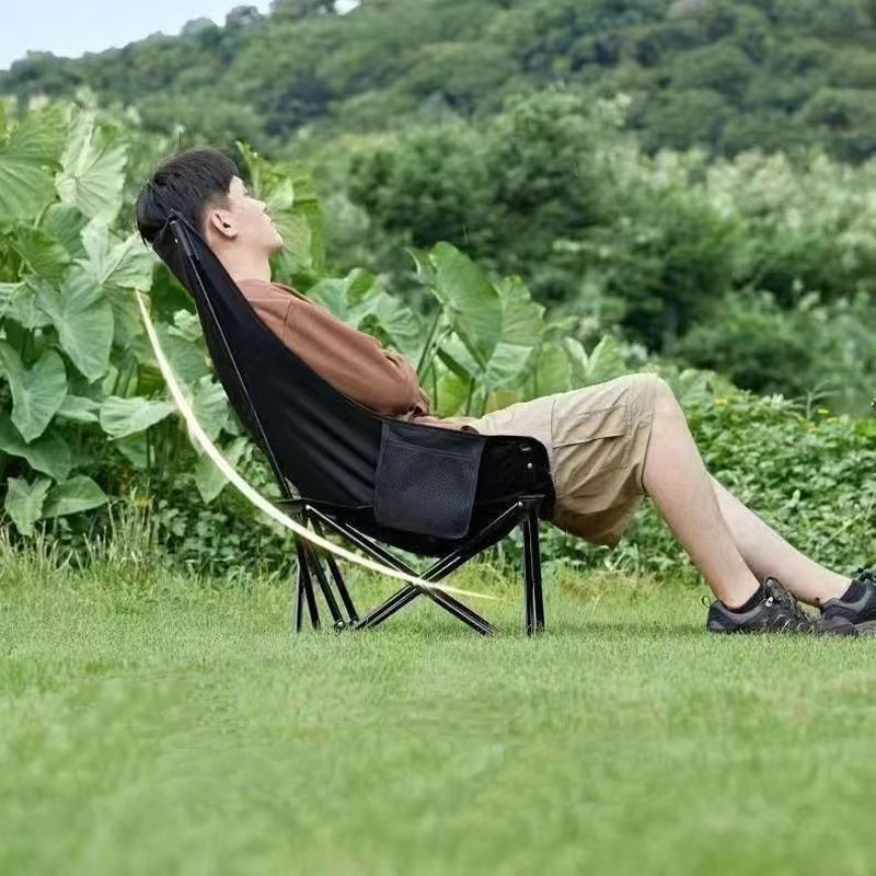 High Back Moon Camping Chairs Portable Large Heavy Duty Folding Chair with Side Storage Bag (Black)
