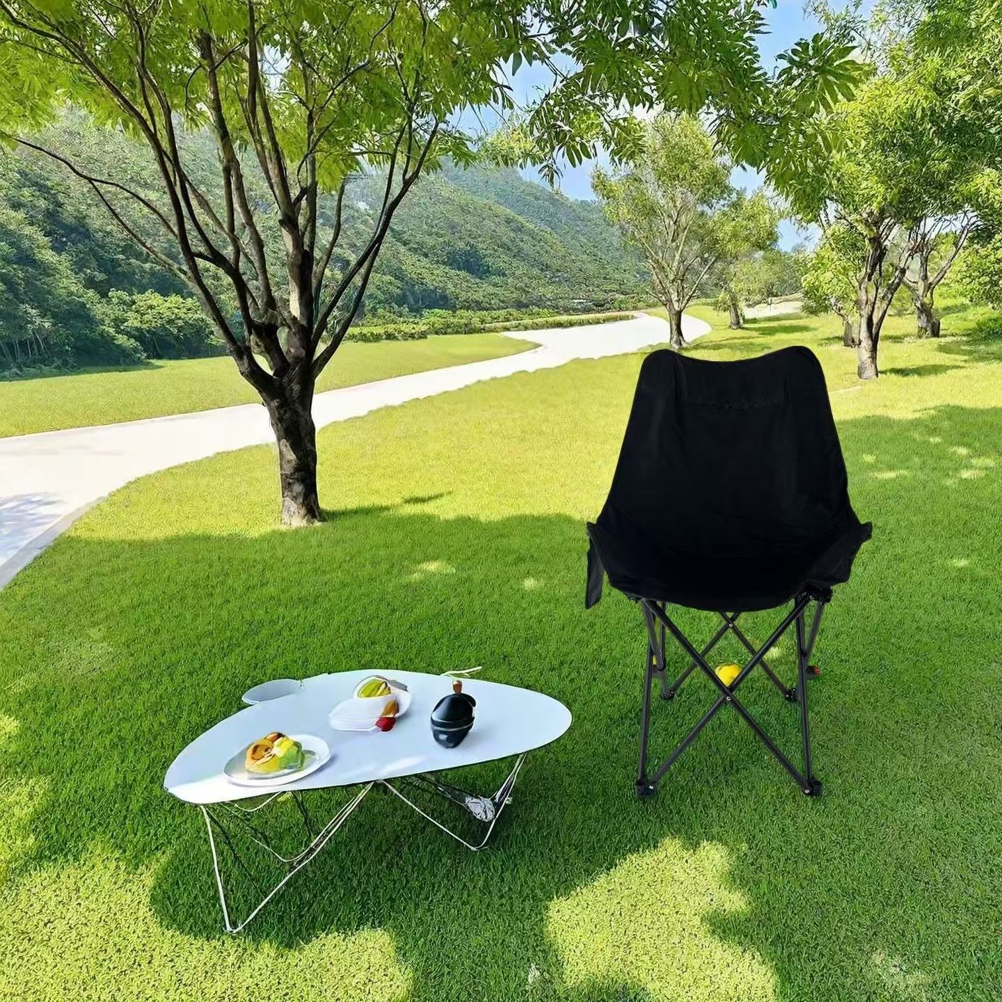 High Back Moon Camping Chairs Portable Large Heavy Duty Folding Chair with Side Storage Bag (Black)