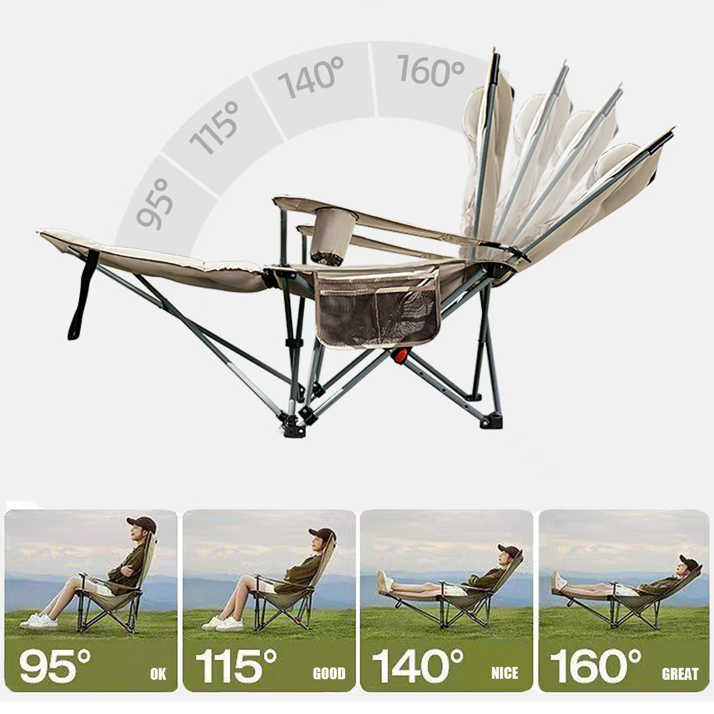 Cotton Cushion Reclining Folding Chair with 4-Position Adjustable Backrest, Storage Bag, Cup Holder