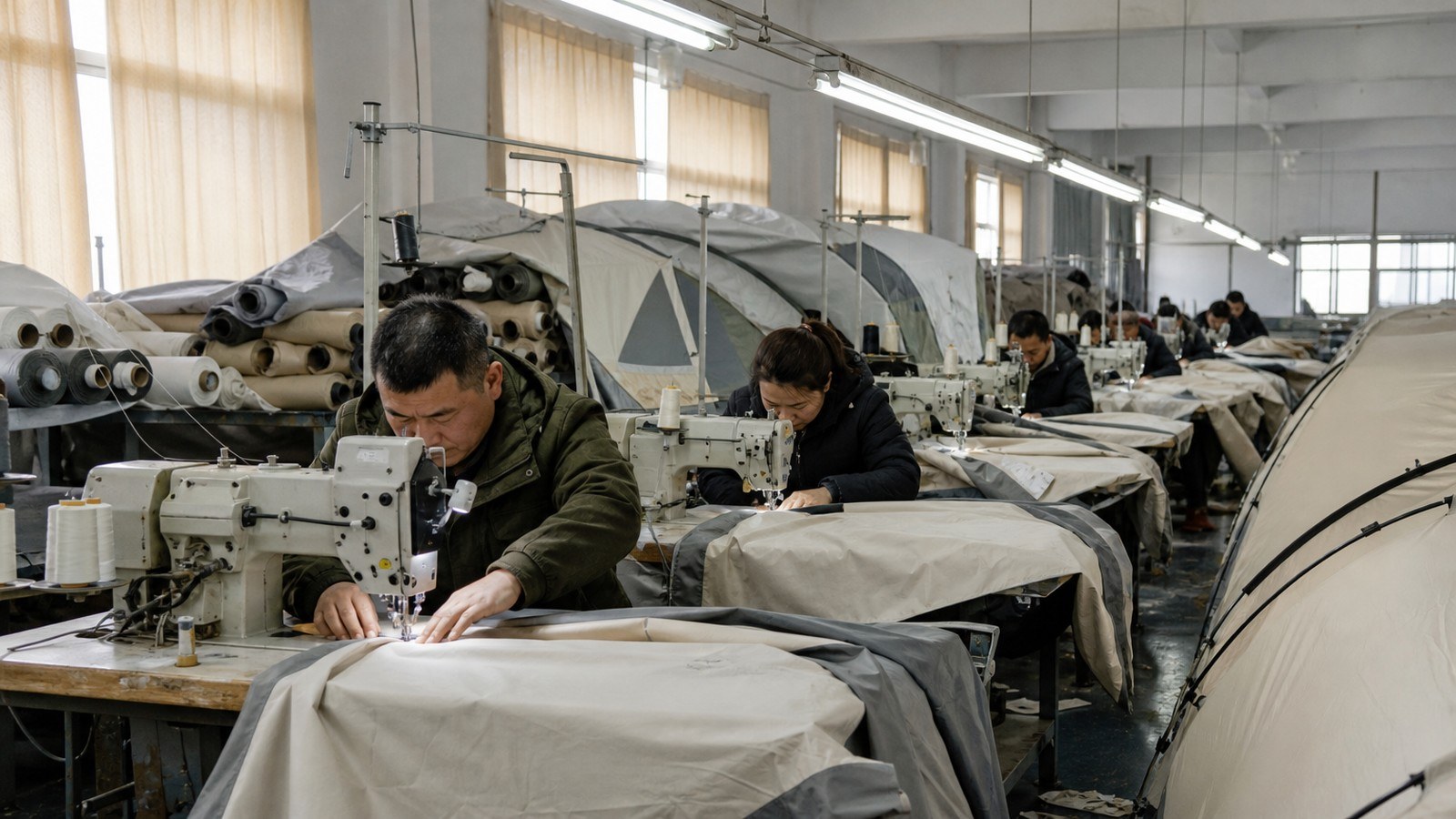 Creda Outdoor production stages: tent sewing, fabric cutting, metal processing, packing and container loading