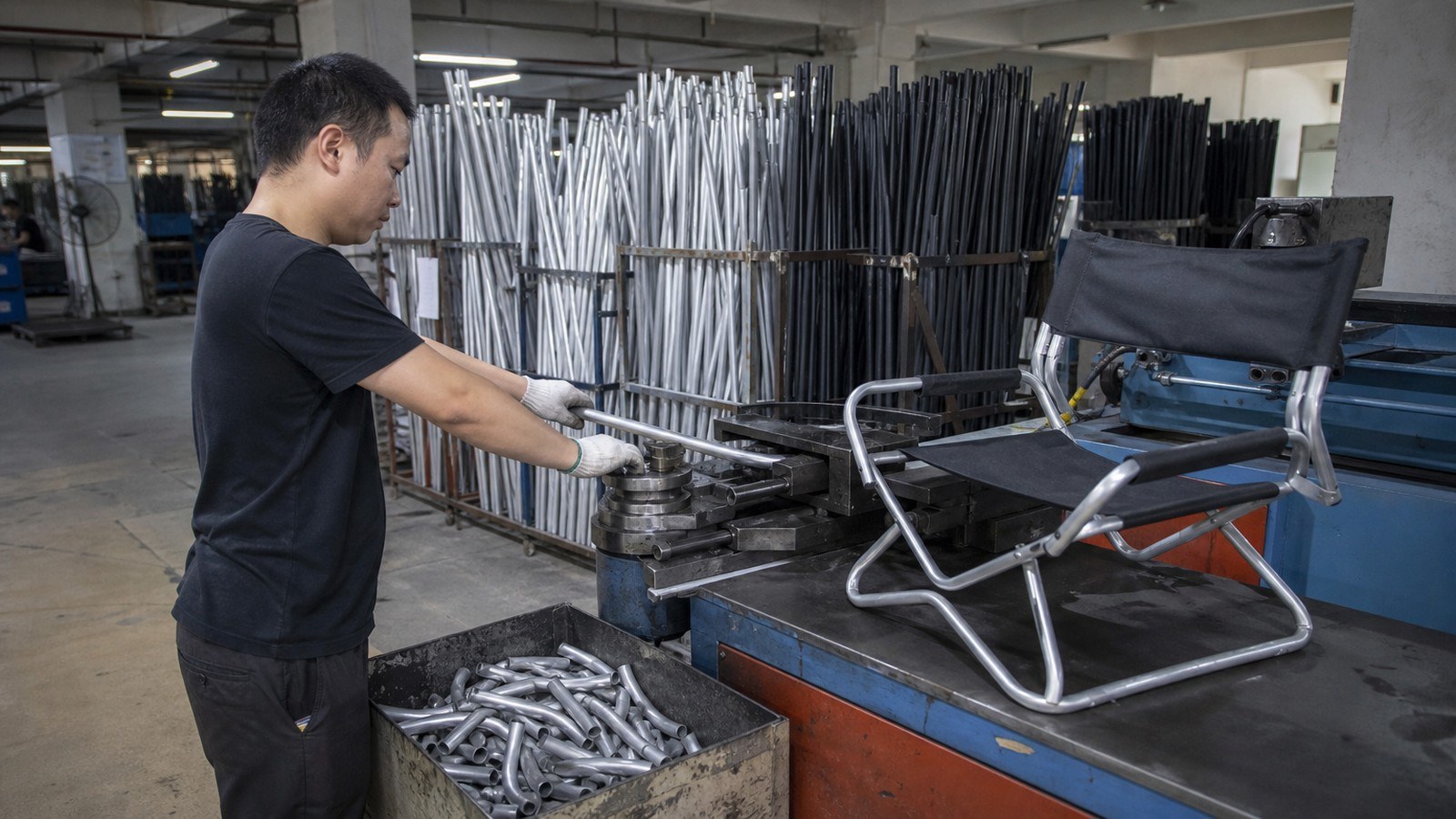 Creda Outdoor production stages: tent sewing, fabric cutting, metal processing, packing and container loading