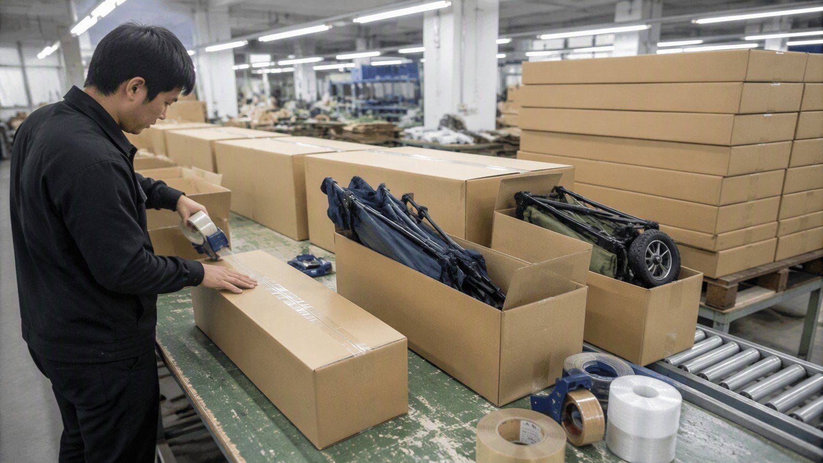 Creda Outdoor production stages: tent sewing, fabric cutting, metal processing, packing and container loading