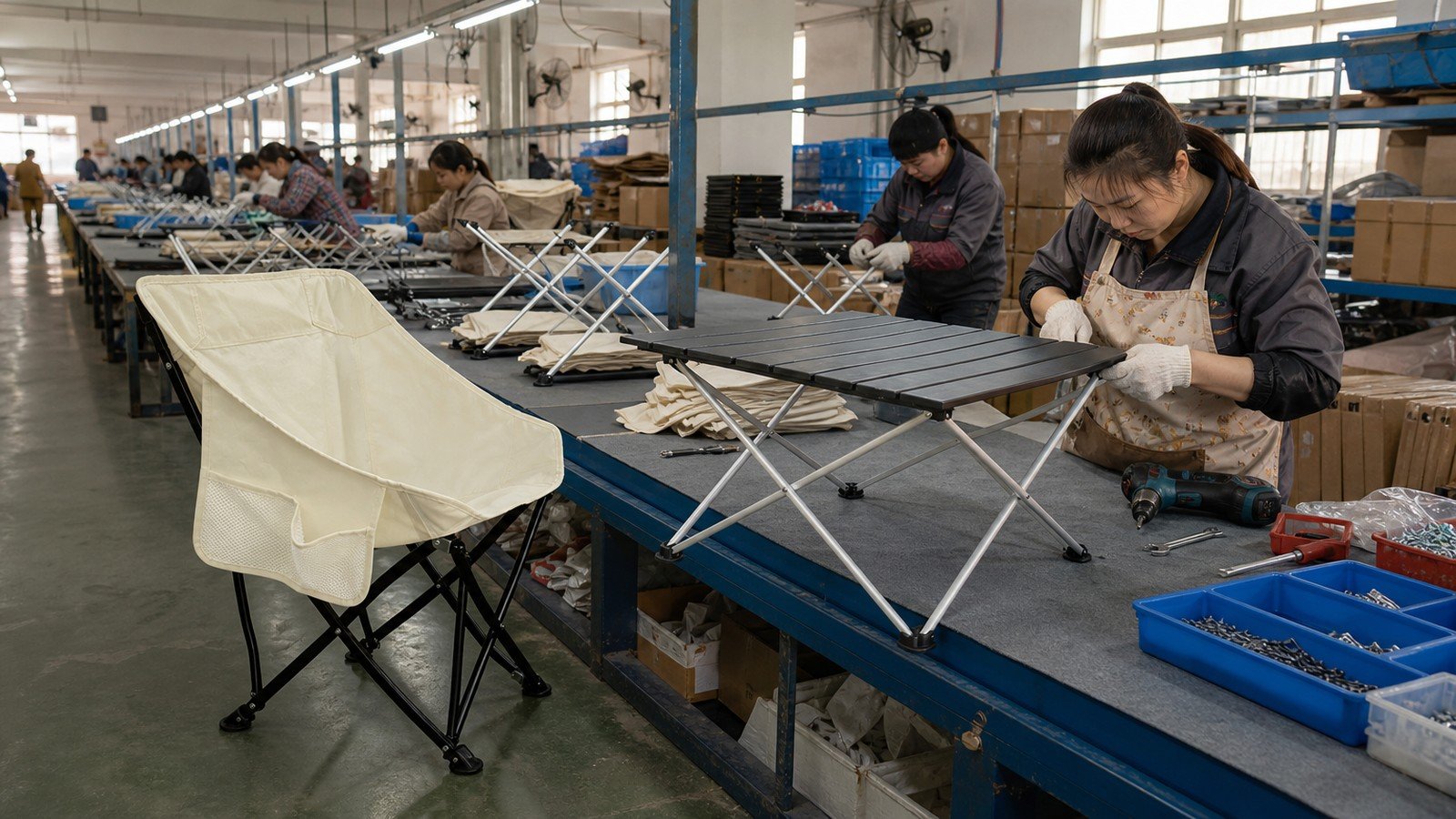 Creda Outdoor production stages: tent sewing, fabric cutting, metal processing, packing and container loading