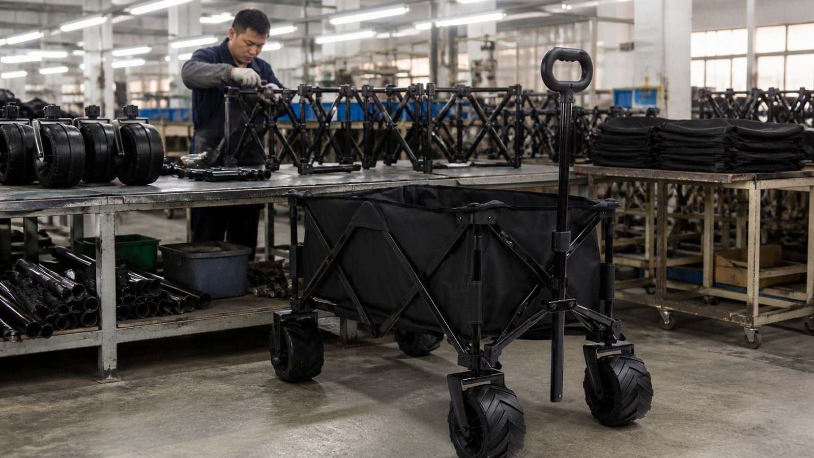 Creda Outdoor production stages: tent sewing, fabric cutting, metal processing, packing and container loading