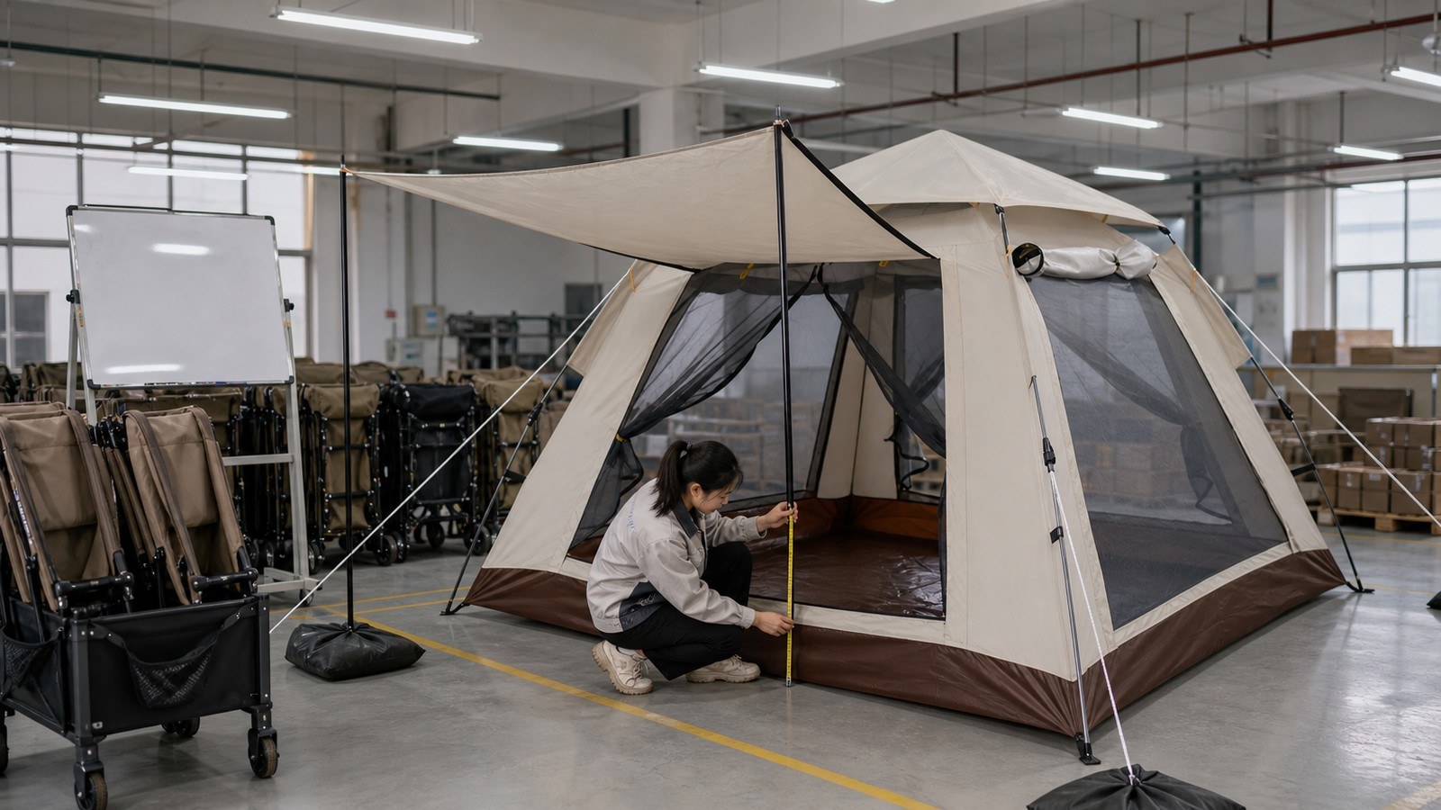 Creda Outdoor production stages: tent sewing, fabric cutting, metal processing, packing and container loading
